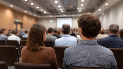 Fototapeta premium Audience seated in a conference hall facing a presentation screen during an event