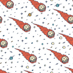 Seamless Retro Flaming Meteor Comet Pattern Orange Hand Drawn Vector © java86