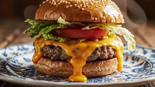 Juicy cheeseburger with melted cheddar cheese, fresh lettuce, and tomato on a sesame seed bun on a patterned plate