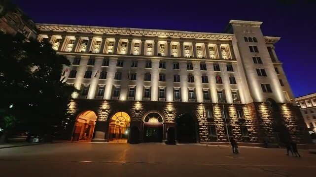 Sofia, Bulgaria - 9.20.2025. Panoramic night view of the illuminated Presidential Palace of the Republic of Bulgaria. Stunning cityscape with historic architecture and glowing lights