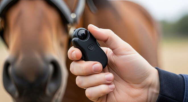 Person holding clicker while training brown horse outdoors  