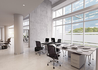 Naklejka premium Bright modern open plan office interior with large windows and city view. 3d render workspace