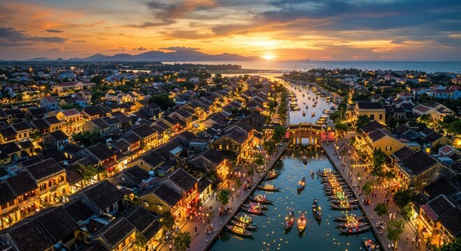 Aerial view of Hoi An ancient town at sunset