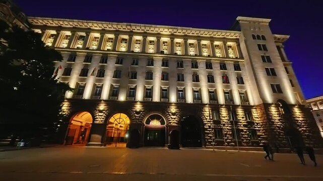 Sofia, Bulgaria - 9.20.2025. Panoramic night view of the illuminated Presidential Palace of the Republic of Bulgaria. Stunning cityscape with historic architecture and glowing lights