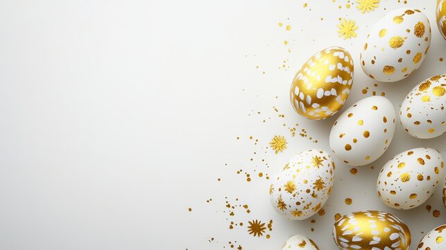 Decorated Easter eggs with gold accents on a white background, symbolizing springtime and renewal.