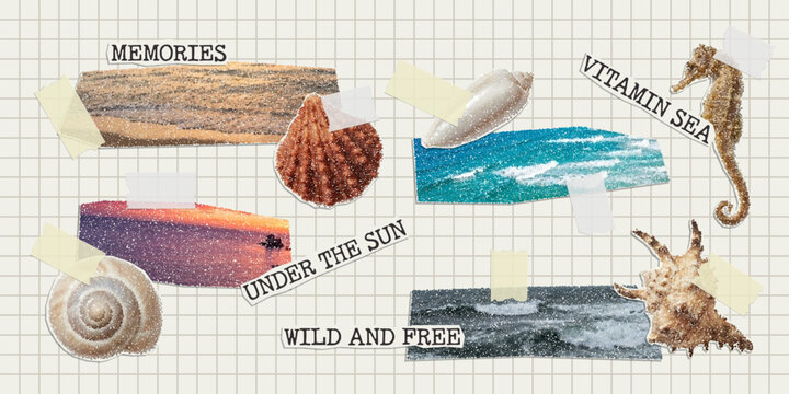 Trendy paper cutout collage summer elements with adhesive tape on a notebook sheet. Clippings of sea, beach, sun and sky.  Halftone style stickers with doodles. Modern collage template.
