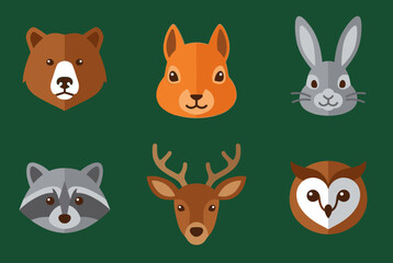 Obraz premium Forest Animals Portrait Collection Including Bear Squirrel Rabbit Raccoon Deer and Owl Flat Vector Icons Set Isolated on Dark Green Background