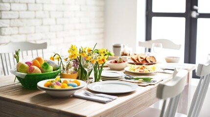 Fototapeta premium Bright dining table set for spring celebration with daffodils, colored eggs, and pastries in cozy home interior