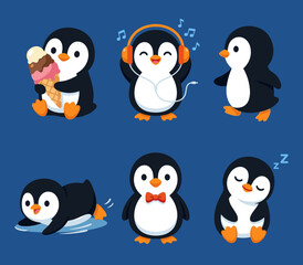 Cute Cartoon Penguin Character Mascot Set in Various Activities Including Eating Ice Cream, Listening to Music, Sleeping and Walking Vector © lei