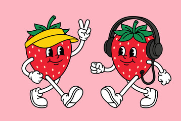 Retro Cartoon Strawberry Characters Walking Together in Summer Outfit with Sun Visor and Headphones Vintage Rubber Hose Style Illustration © lei