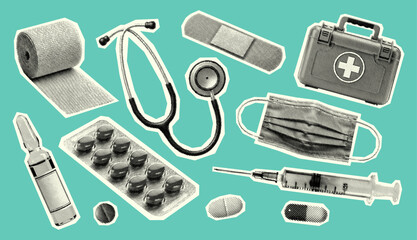 Medical Elements Collection in Vintage Halftone Style, Stethoscope, Syringe, Tablets, Retro Collage Illustration
