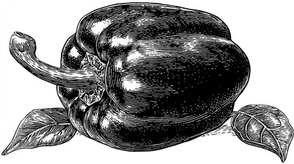 Detailed black and white engraving illustration depicts a single mature sweet pepper with attached stem and surrounding leaves © malayeka