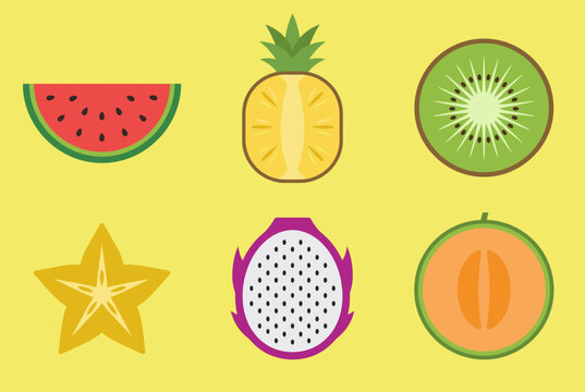 Exotic Tropical Fruit Cross Section Slices Vector Set with Watermelon, Pineapple, Kiwi, Starfruit, Dragonfruit and Melon on Yellow Background