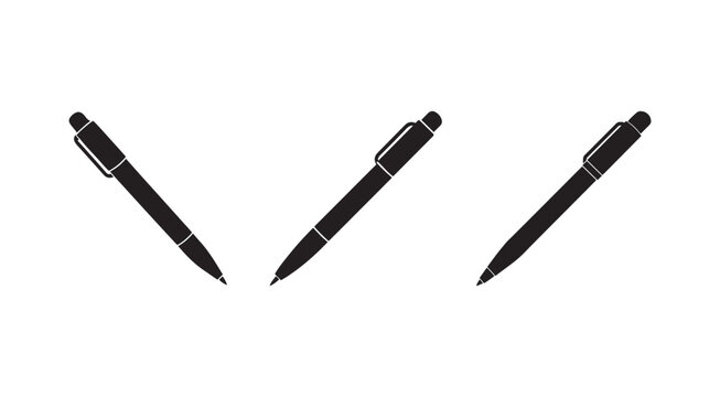 Three black pens with silver accents arranged in a V shape on white background  office supplies and writing instruments