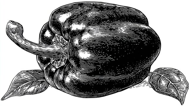 Detailed black and white engraving illustration depicts a single mature sweet pepper with attached stem and surrounding leaves