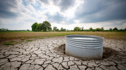 Fototapeta premium Rainwater tank standing empty in a cracked yard. Water crisis and water shortage in summer during long drought is a global problem of drought on the planet.