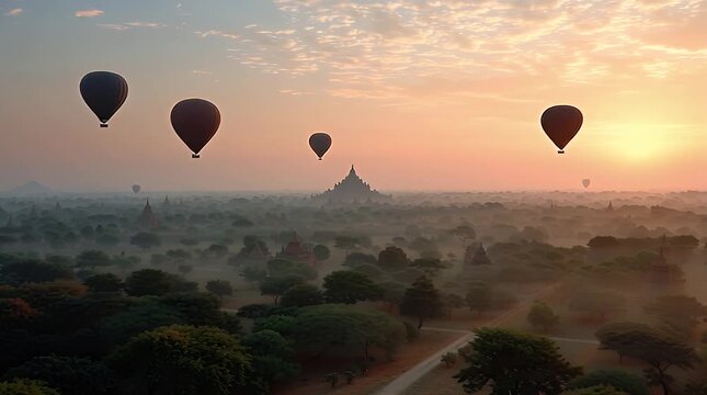Hot air balloons flying over pagoda.