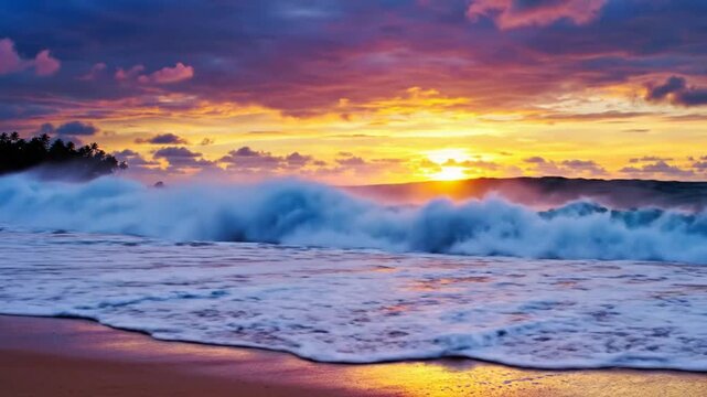 Ocean waves crashing on the shore with a vibrant colorful sunset reflecting in the wet sand