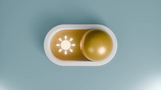 Day and night toggle button animation. Stylish dark to light mode switch icon for app design, modern interface element with moon stars and sun. Light and dark mode switch button. 4k 3d animation