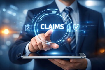 Fototapeta premium Navigating Claims Digitally: A modern businessperson interacts with a digital interface, symbolizing the efficiency of online claims processing and the future of insurance.
