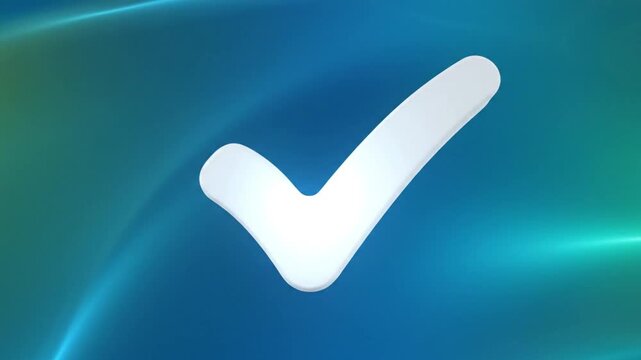 Bright white check mark floating over a blue and green flowing background for approval or agreement concept