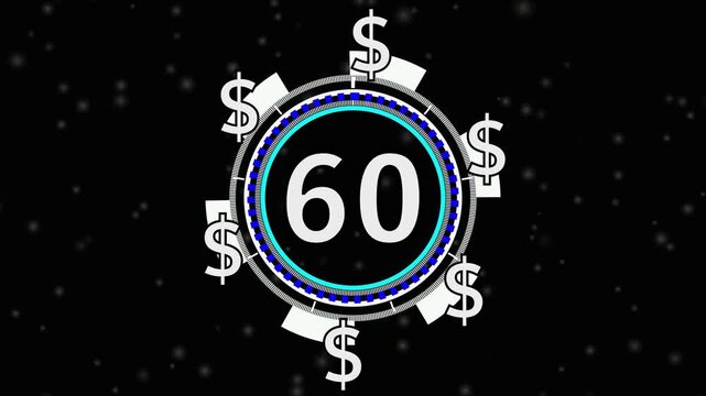 60 Dollar price tag animation on screen for store shop business concept video element. videos business concept video element, Number counter of dollar  numbers with alpha.
