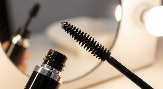 Close-up of a black mascara wand and open tube in front of a lighted vanity mirror. Professional beauty and makeup application photography.