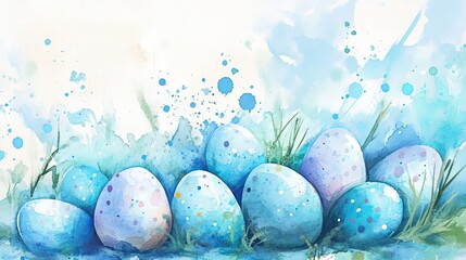 A vibrant Easter scene featuring blue eggs in a grassy setting with a watercolor background
