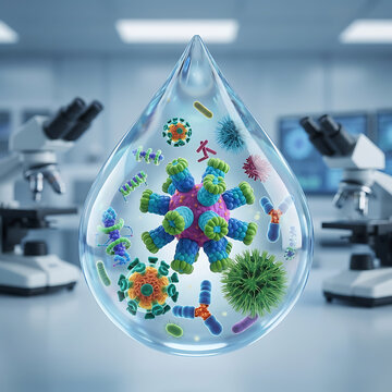 Educational illustration of nitrogen-fixing microorganisms in a laboratory setting with microscopes