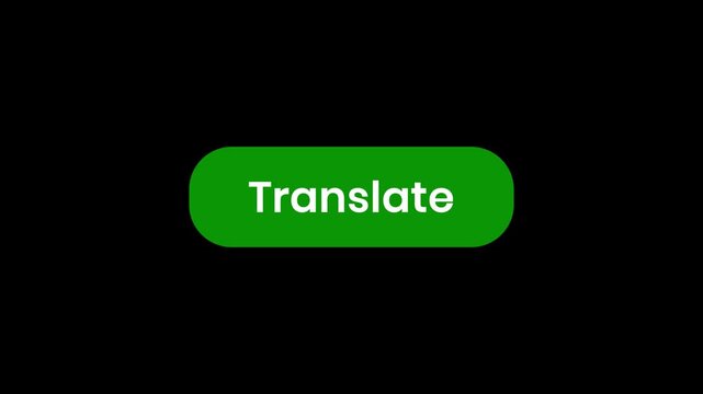 Interactive green rounded rectangle button with translate text being pressed by a digital pointer arrow, ideal for localization service promos and website navigation on a dark seamless background.