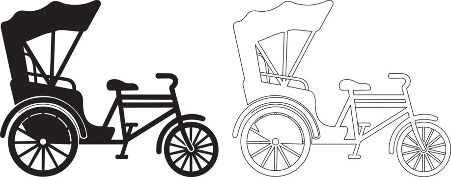 Traditional cycle rickshaw vector icons, black silhouette and line art trishaw illustrations, vintage asian pedicab transport symbols