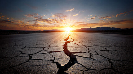 Fototapeta premium Heat waves distorting view over cracked asphalt road. Water crisis and water shortage in summer during long drought is a global problem of drought on the planet.