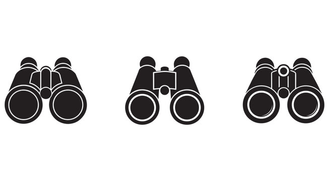 Three different views of binoculars icons in black silhouette on white background for observation and exploration purposes  outdoor and wildlife watching tools