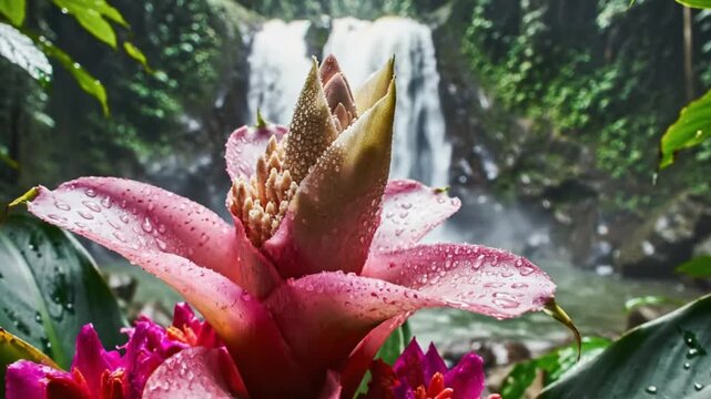Lush pink bromeliad flower blooming in a tropical jungle paradise with a cascading waterfall in the background