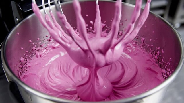 Close-up of pink batter being mixed in a stainless steel stand mixer, showing the whisks lifting the thick cream