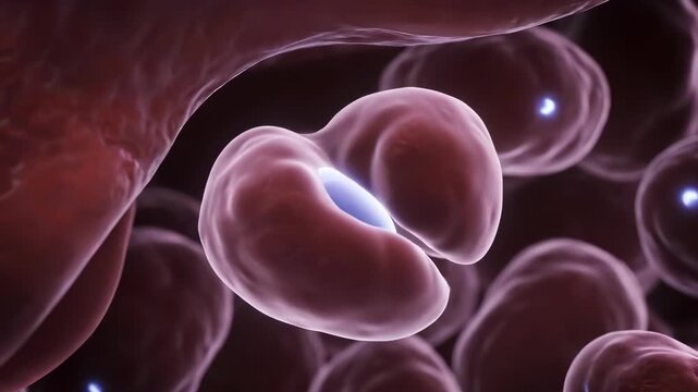 Sickle Cell: Intricate macro shot of a sickle cell, its unusual shape highlighting the challenges of the blood disease, surrounded by healthy blood cells.