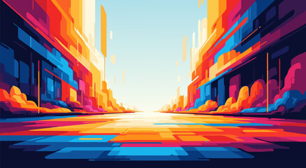 Obraz premium A vibrant pixelated vector illustration of a futuristic cityscape bathed in the warm glow of a setting sun, showcasing a dazzling array of geometric shapes and bold colors