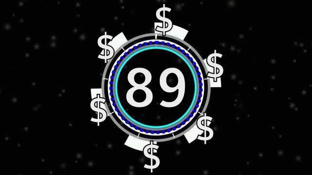 89 Dollar price tag animation on screen for store shop business concept video element. videos business concept video element, Number counter of dollar  numbers with alpha.