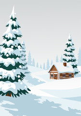 Fototapeta premium charming winter landscape vector illustration of a snowy cabin with fir trees in a serene mountain setting
