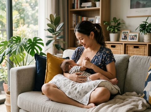 Loving Mother Breastfeeding Her Baby on Sofa at Home