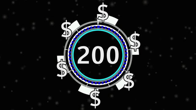 200 Dollar price tag animation on screen for store shop business concept video element. videos business concept video element, Number counter of dollar  numbers with alpha.
