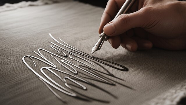 Close-up of hand writing cursive script on paper with metal nib pen
