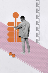 Collage of excited business person jumping near upward arrow symbolizing startup progress income...