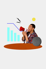 Pop banner trendy vertical photo collage of happy businessman businesswoman scream megaphone chart...