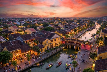 Fototapeta premium Aerial view of Hoi An ancient town at sunset