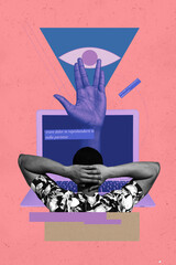 Obraz premium Exclusive artwork collage of anonym girl guy hacker browsing laptop digital code eyeball stare cyberattack hand esoteric
