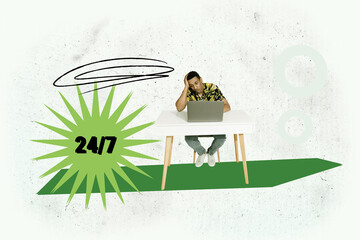 Creative banner image collage of young business entrepreneur guy girl 24 7 workaholic improvement...