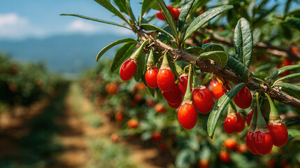 Obraz premium goji berry farm close-up with ripe berries on bush, educational concept of healthy superfoods, vibrant and natural composition 