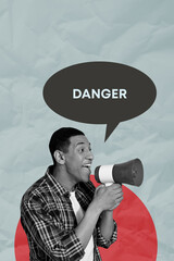 Vertical trendy art banner collage of minded girl guy hold laptop trojan cyberattack danger bubble...