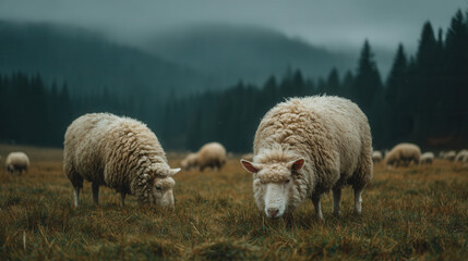 Obraz premium close-up of a white sheep standing in a grassy field, peaceful farm scene, natural lighting, calm rural composition 